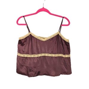 Topshop Womens Silky Satin Camisole Sz 10 Dark Brown Floral Lace Adj. Straps